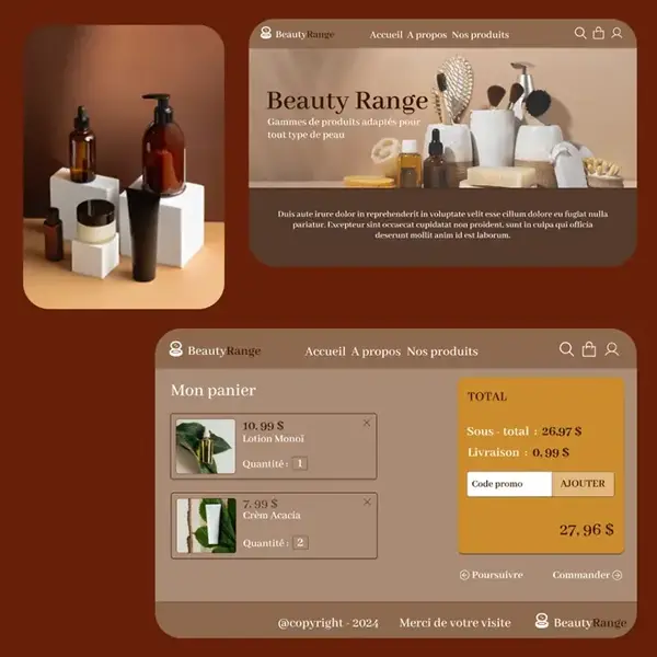 Maquette UI/UX du site de cosmétiques BeautyRange conçue par BtAppNova en Martinique