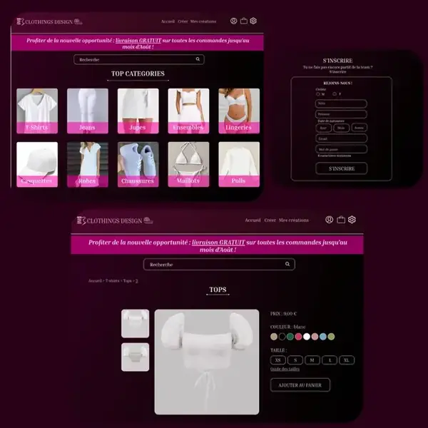 Maquette UI/UX du site de personnalisation de vêtements Clothings Design par BtAppNova