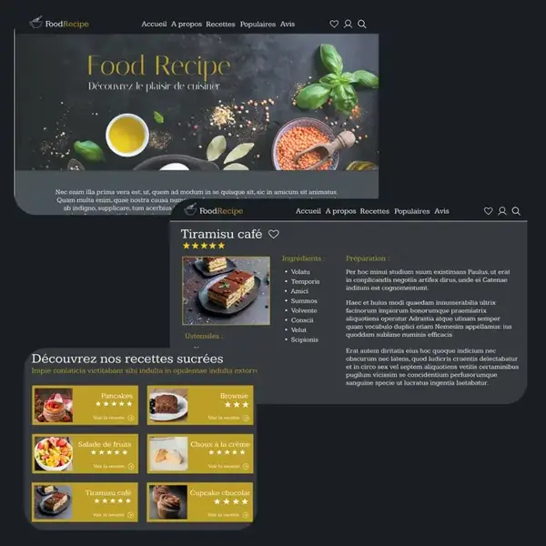 Maquette UI/UX du site de recettes FoodRecipe conçue par BtAppNova en Martinique