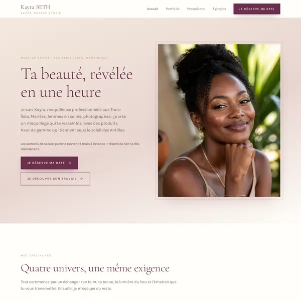 Aperçu du site prestataire démo Kayra Makeup Studio, maquilleuse professionnelle, réalisé par BtAppNova en Martinique