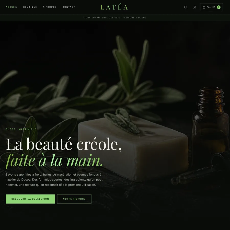 Aperçu de la boutique en ligne démo Latéa, cosmétiques naturels artisanaux, réalisée par BtAppNova en Martinique